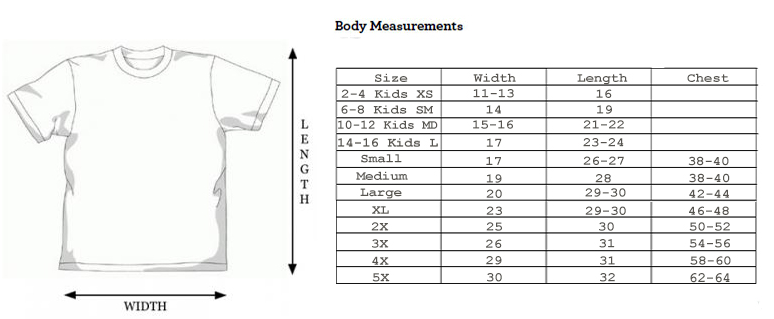 Tie Dye Size Chart