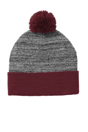 22.) Woodridge Boosters Year Round Spiritwear STC41 Embroidered Maroon/Grey Heather Pom Pom Beanie