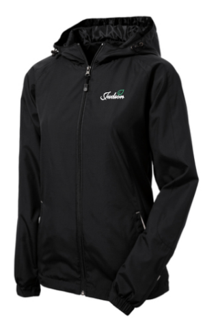 22.) Judson LST76 Chaqueta raglán con capucha y bloques de color bordados para mujer